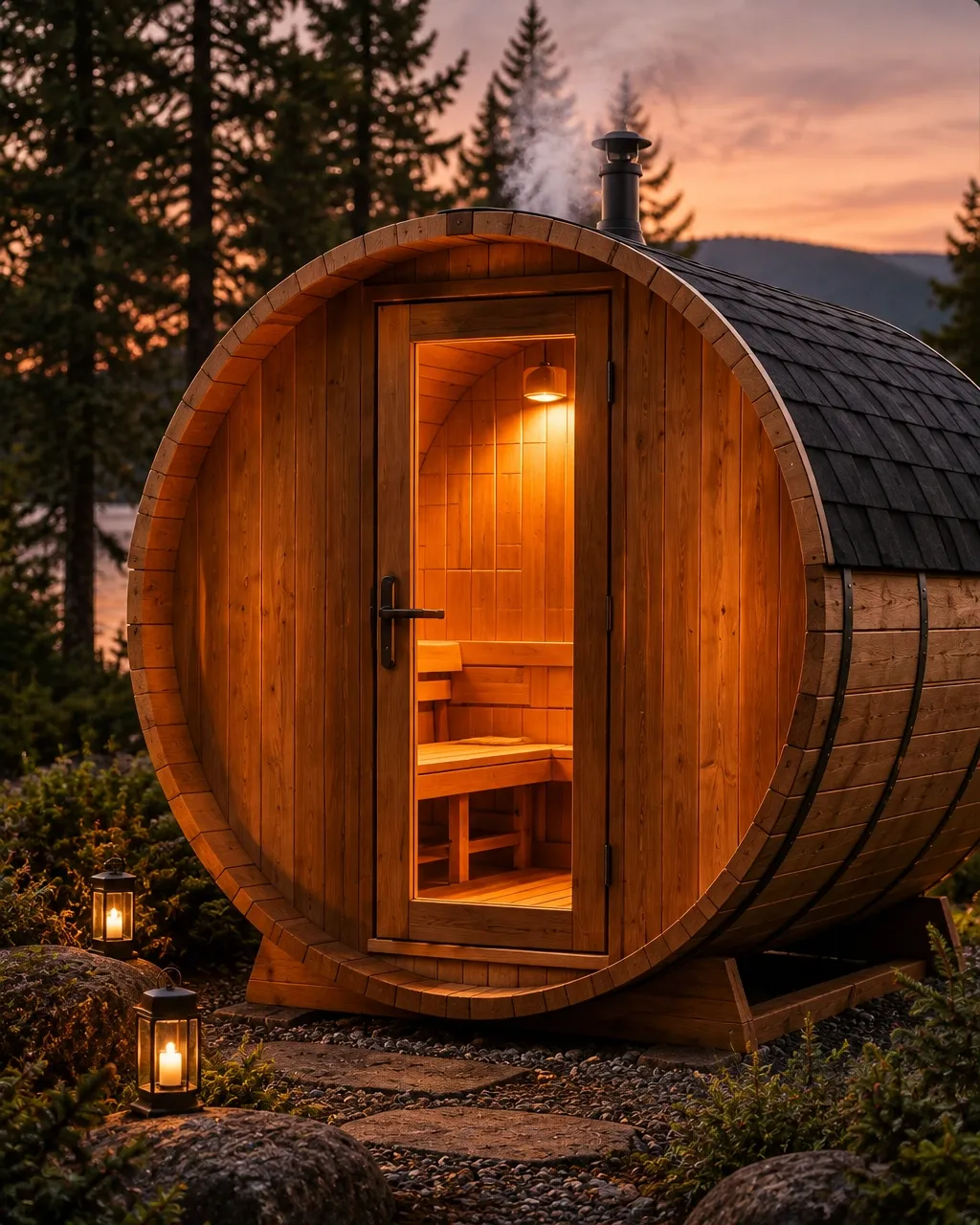 Warm cedar barrel sauna doorway glowing at dusk beside a lake house