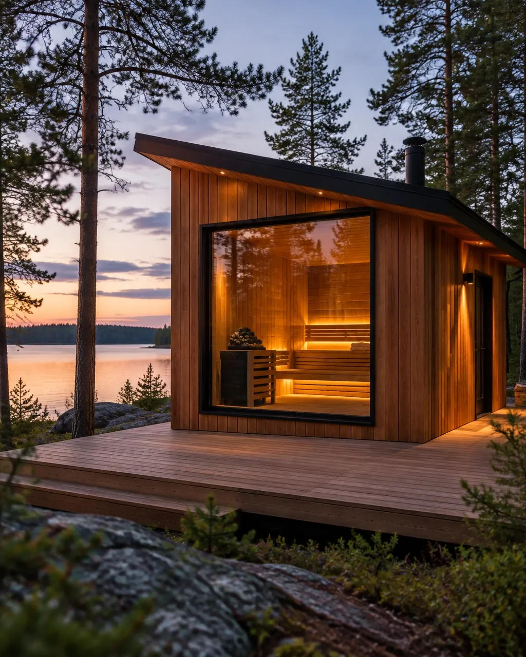 Custom cedar cabin sauna exterior with lit windows on a lakeside deck at dusk