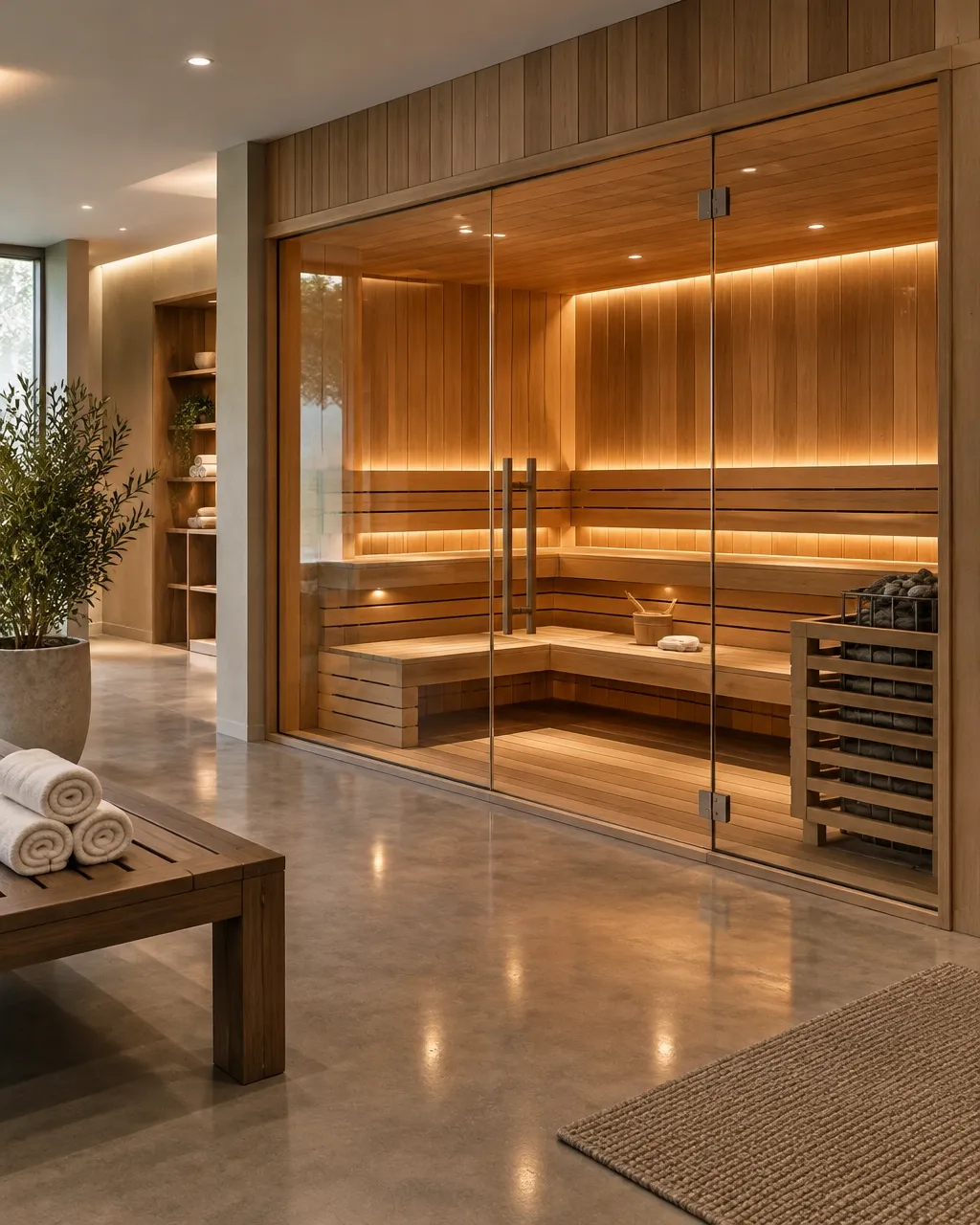 Glass-front commercial cedar sauna in a polished concrete boutique wellness space