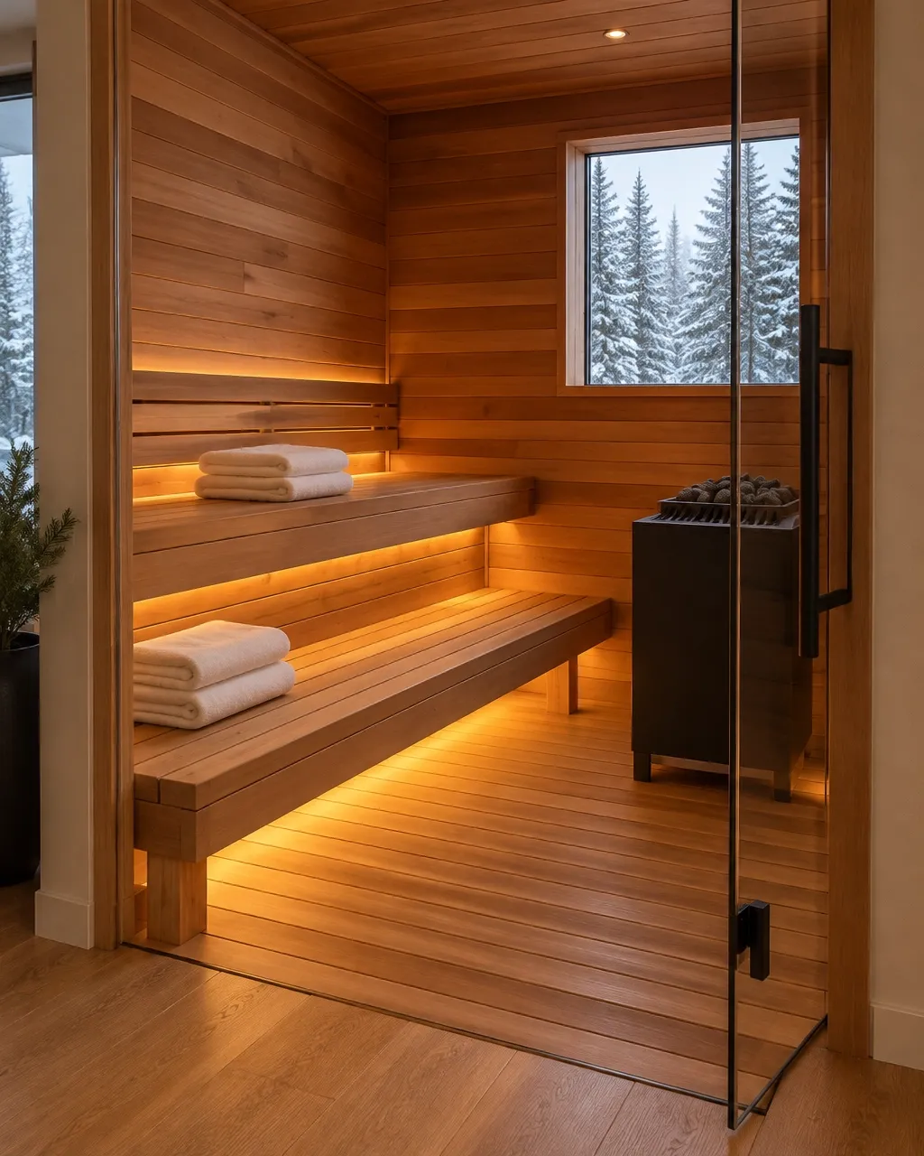 Indoor cedar sauna with two-tier benches, folded towels, stone heater, and snowy pine view