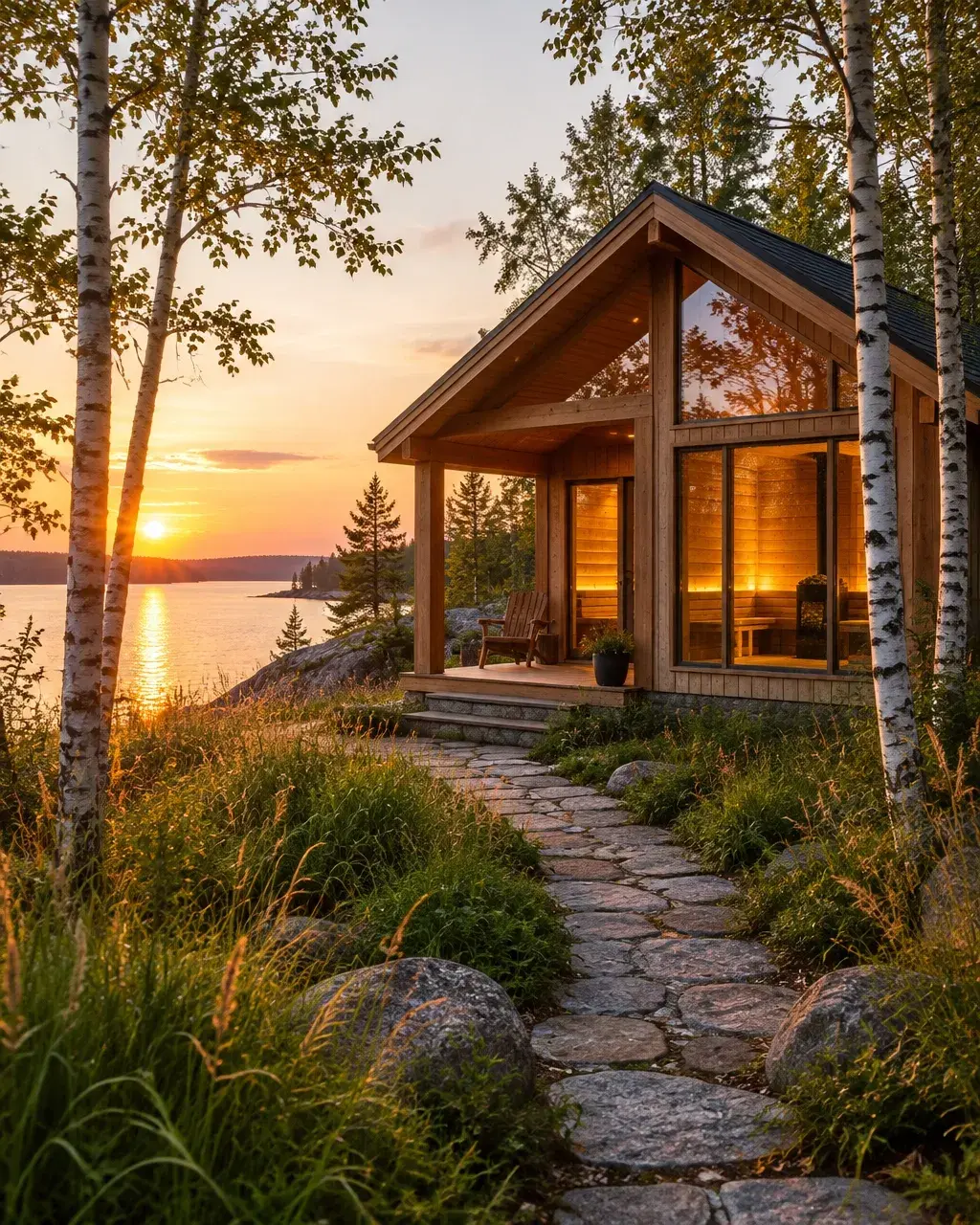 Gabled cedar sauna cabin with covered porch beside a lake at sunset